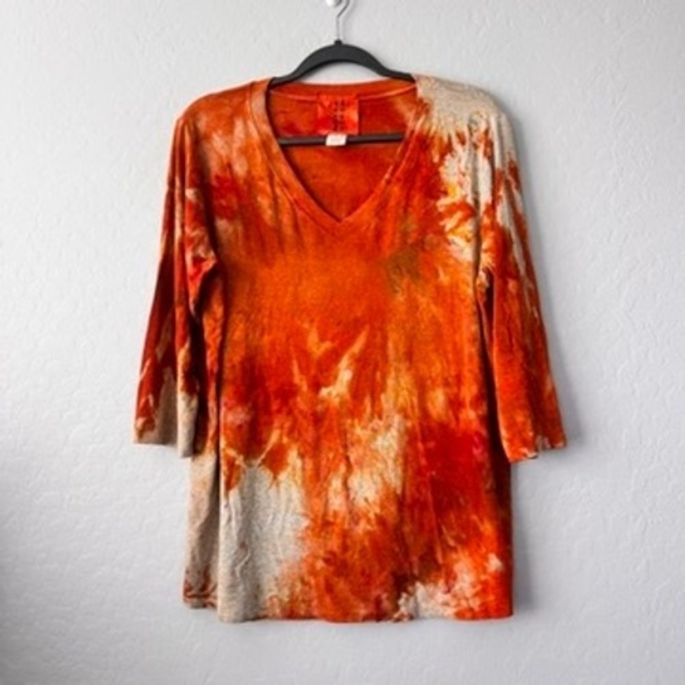 Heyne Bogut Size 2 Small T-Shirt Orange 3/4 Sleeve Hand Dyed Tie Dye V-Neck